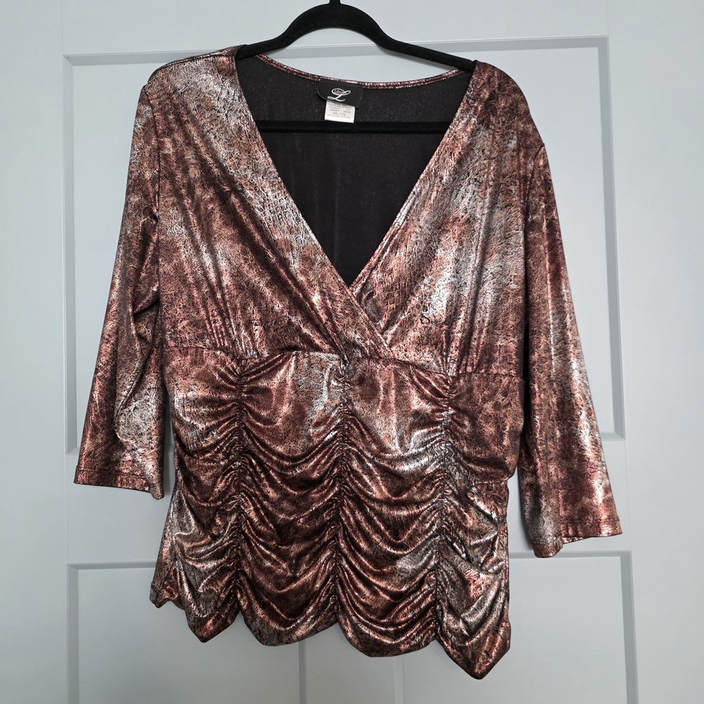 Vintage Y2K Metallic Ruched Wrap Top XXL Bronze Copper Glam